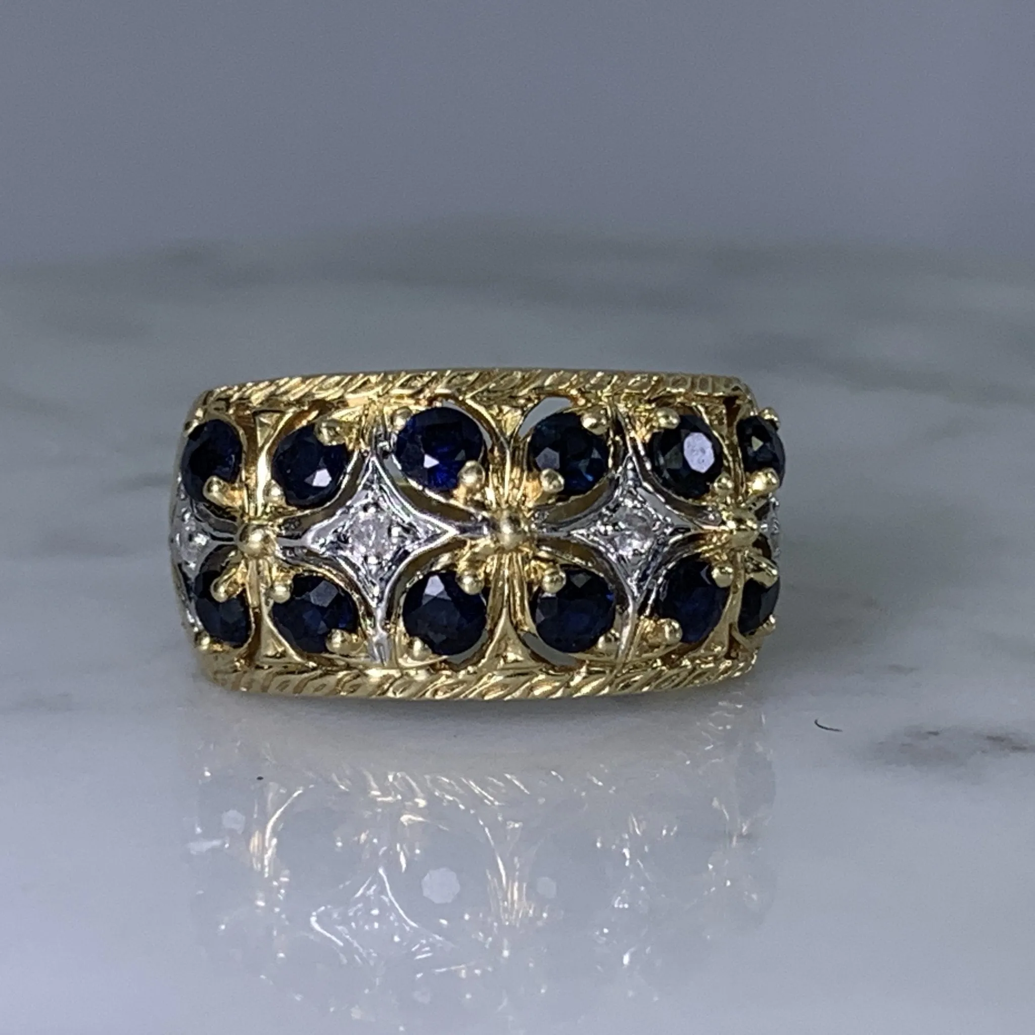 Vintage London Blue Topaz and Diamond Band Ring in Yellow Gold. Unique Engagement Ring.