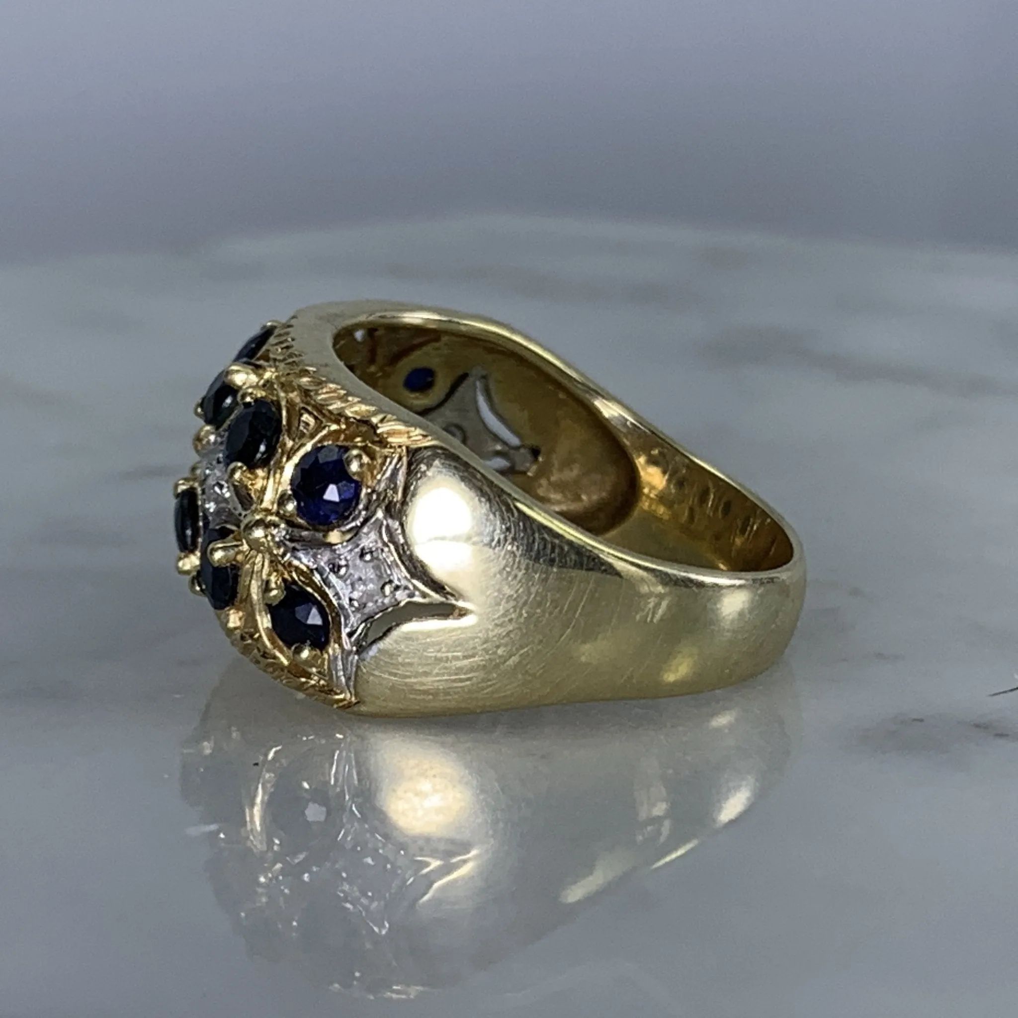 Vintage London Blue Topaz and Diamond Band Ring in Yellow Gold. Unique Engagement Ring.