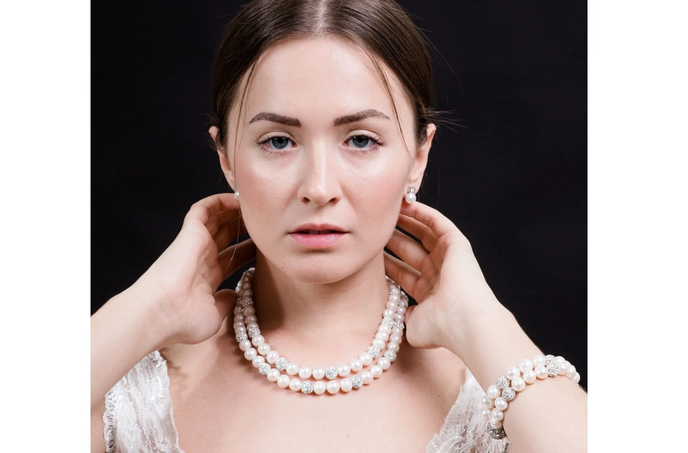 White Double Strand Layer Freshwater Round Pearl Necklace and Bracelet Set with Crystal Ball 10mm