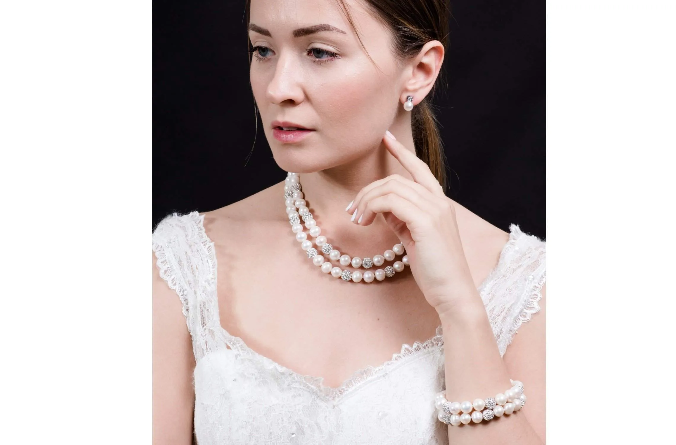 White Double Strand Layer Freshwater Round Pearl Necklace and Bracelet Set with Crystal Ball 10mm