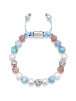 Women's Beaded Bracelet with Larimar, Pearl, Blue Lace Agate and Pink Aventurine