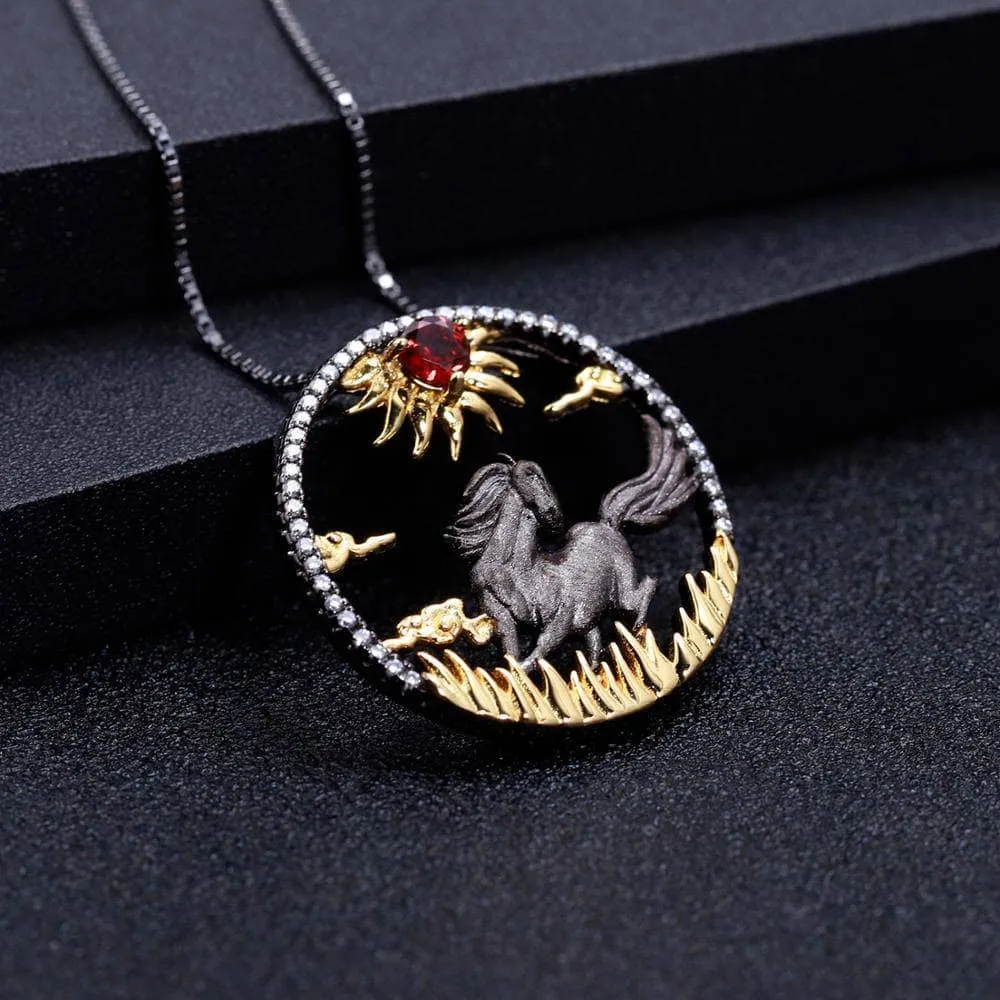 Year Of The Horse-Natural Red Garnet Gemstone Handmade Sun & Horse Necklace